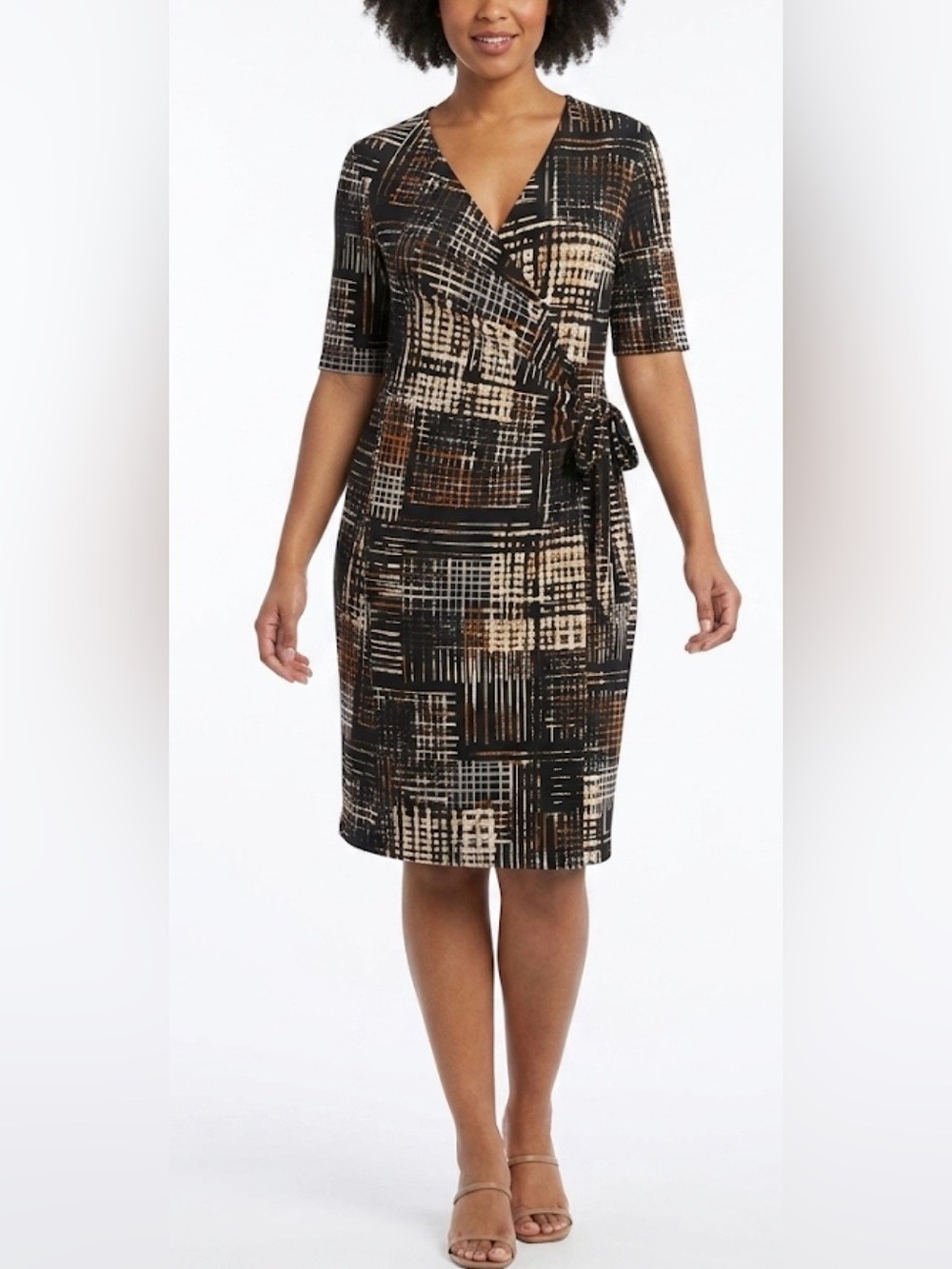 connected apparel Black & Brown Geometric Wrap Midi Dress Size 6